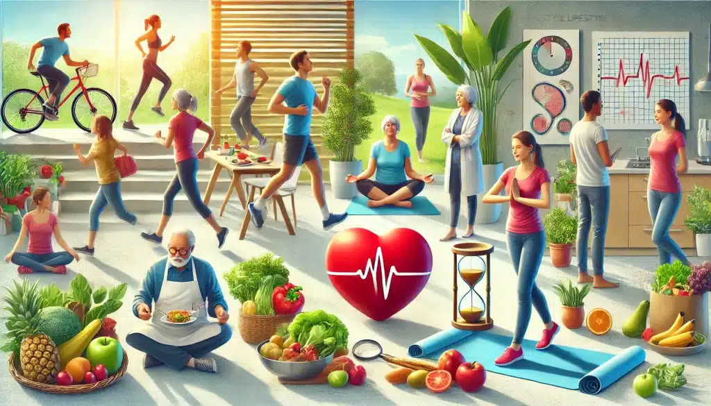 People engaging in lifestyle changes to reduce heart disease risk with family history, including exercise, healthy eating, and stress management