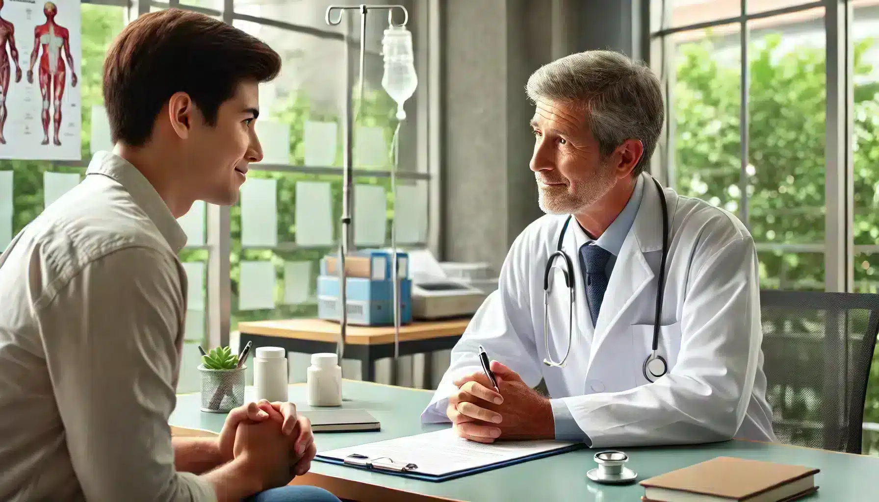 A doctor and patient engaging in a conversation in a medical office. The doctor, wearing a white coat and stethoscope, listens attentively and takes notes while the patient, dressed in casual clothing, discusses health concerns. The office setting includes medical equipment, a desk, and charts, highlighting a professional and friendly atmosphere focused on healthcare communication.