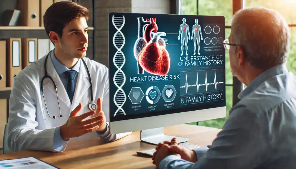 Doctor explaining heart disease risk with family history to a patient, emphasizing the link between genetics and heart health.