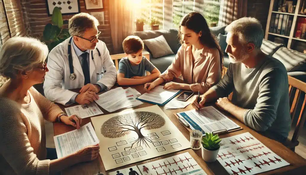 Family reviewing their medical history together, highlighting the importance of knowing family history in managing heart disease risk.