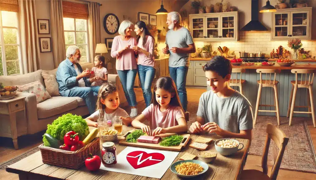 Family creating a heart-healthy environment at home, focusing on healthy eating and supportive activities to manage heart disease risk with family history.