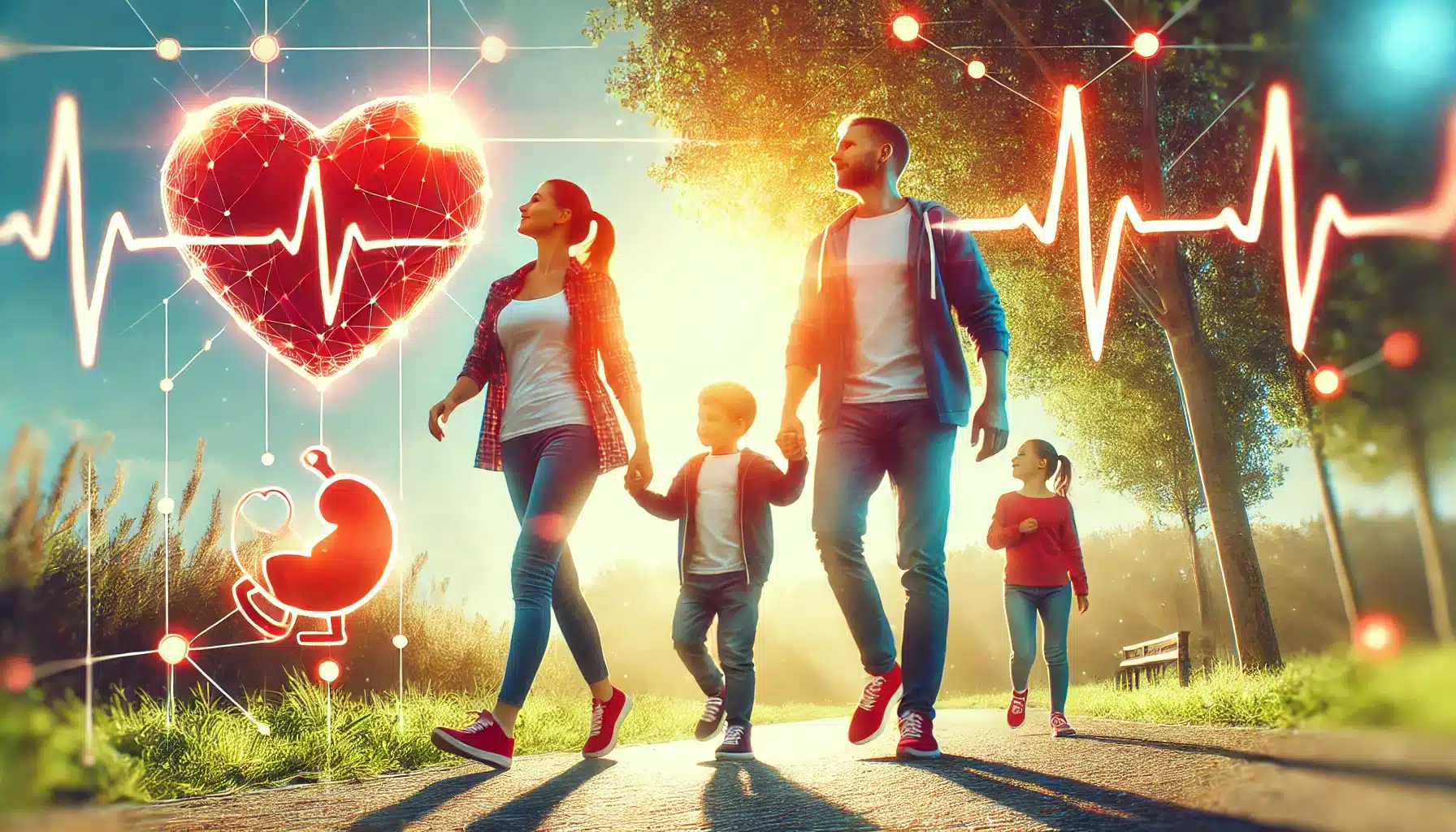 Family walking together outdoors, symbolizing the importance of managing heart disease risk with a family history.