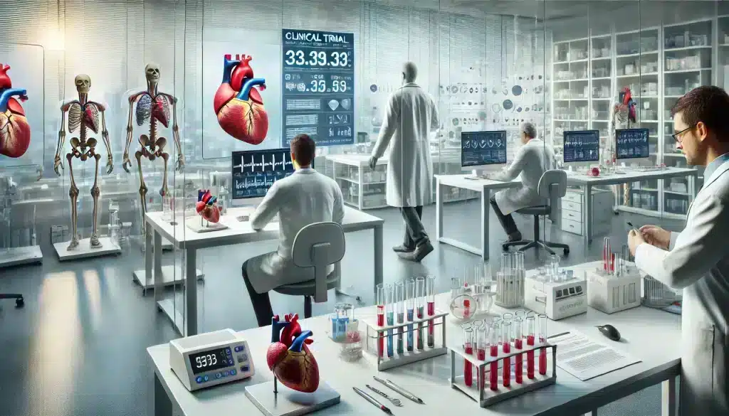 A clinical trial research setup in a laboratory, showing researchers working on heart disease treatments during the latest clinical trials in cardiology.