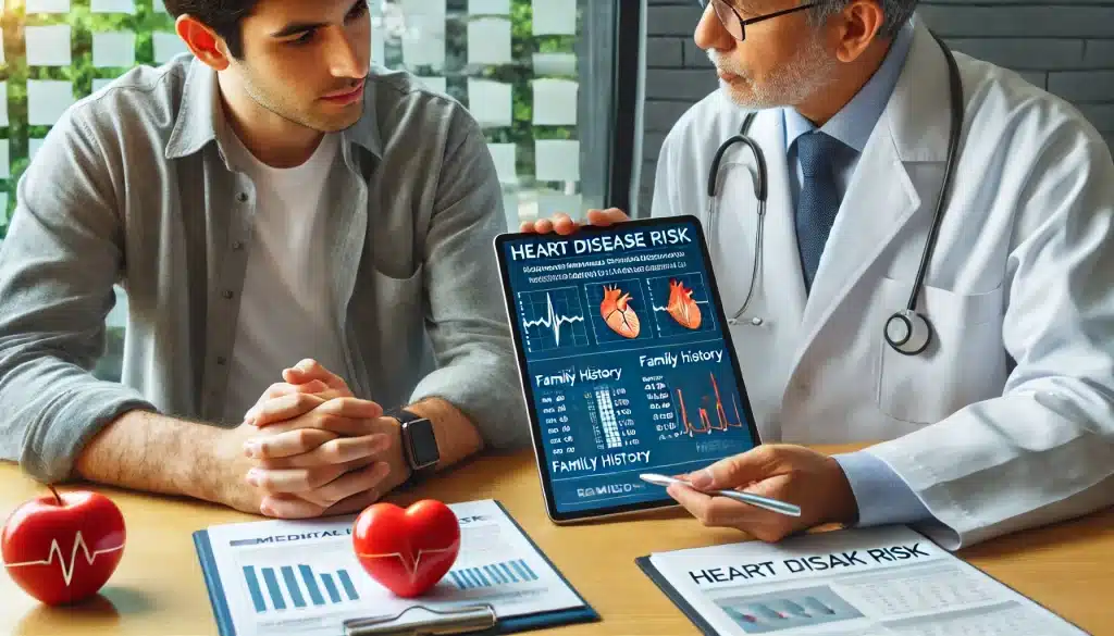 Patient and doctor assessing personal heart disease risk with family history, using medical tests and risk evaluation tools.