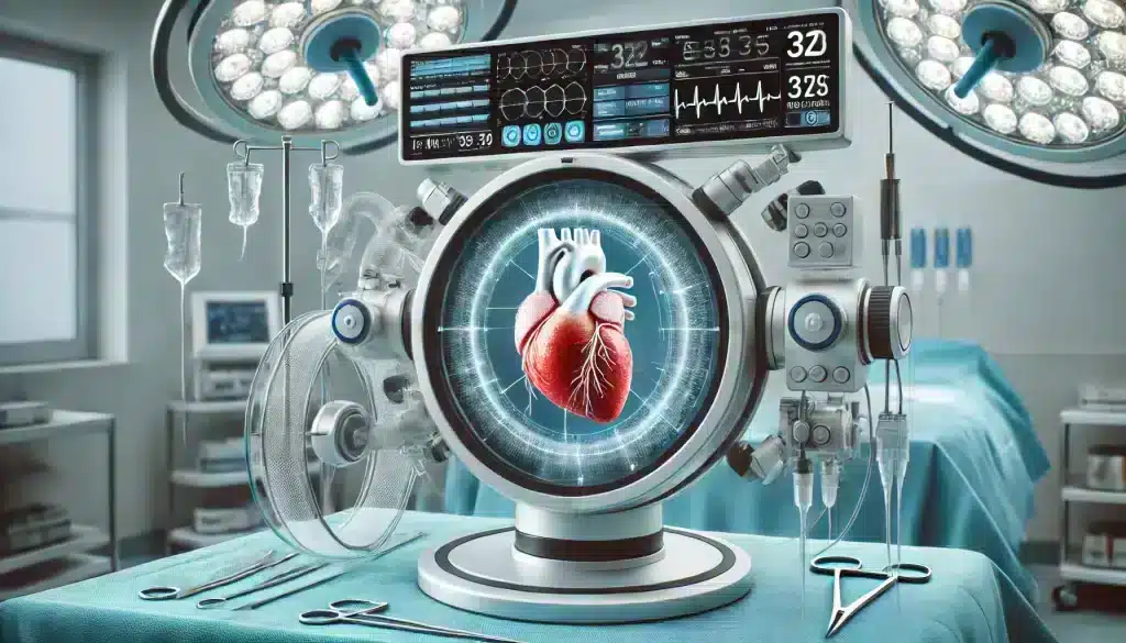 Advanced medical technology device used in heart surgery, part of the latest clinical trials in cardiology, prepared in a surgical room for cardiovascular care.