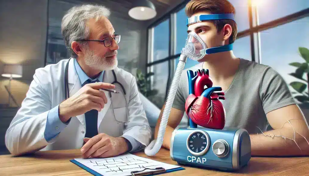 Doctor explaining CPAP therapy to a patient, illustrating how treating sleep apnea can help prevent arrhythmias such as atrial fibrillation and bradycardia.