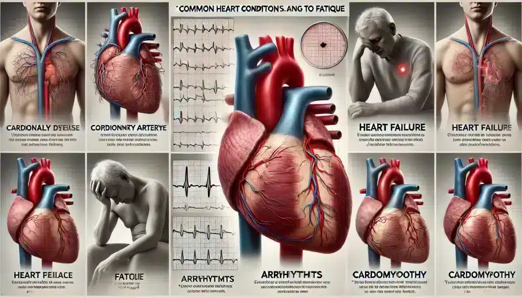 Collage of common heart conditions causing fatigue: coronary artery disease, heart failure, arrhythmias, and cardiomyopathy, each depicted with medical visuals.