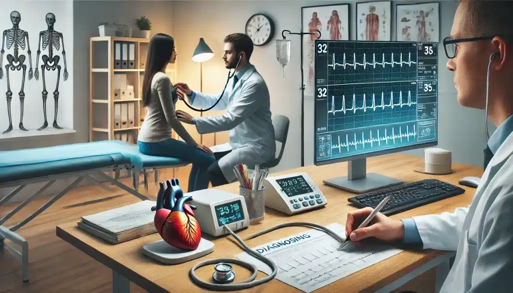 A realistic depiction of a healthcare setting where a patient is undergoing a heart-related examination, such as an ECG or consulting with a doctor, reflecting the process of diagnosing heart-related fatigue.