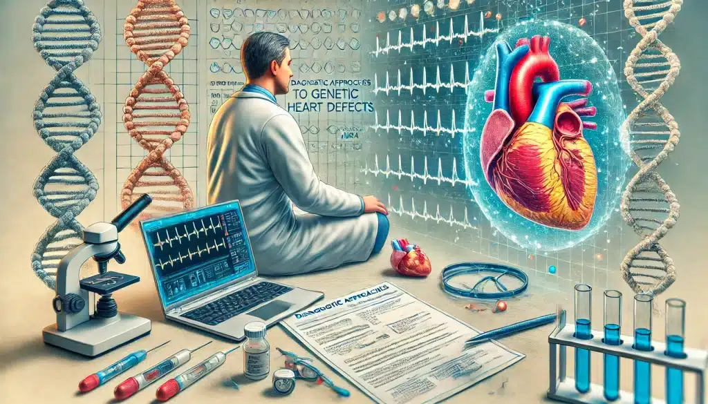 Diagnostic Approaches to Genetic Heart Defects, showing genetic test reports, DNA sequences, and heart scans like echocardiography, symbolizing the integration of genetic testing and clinical diagnostics in heart defect identification.