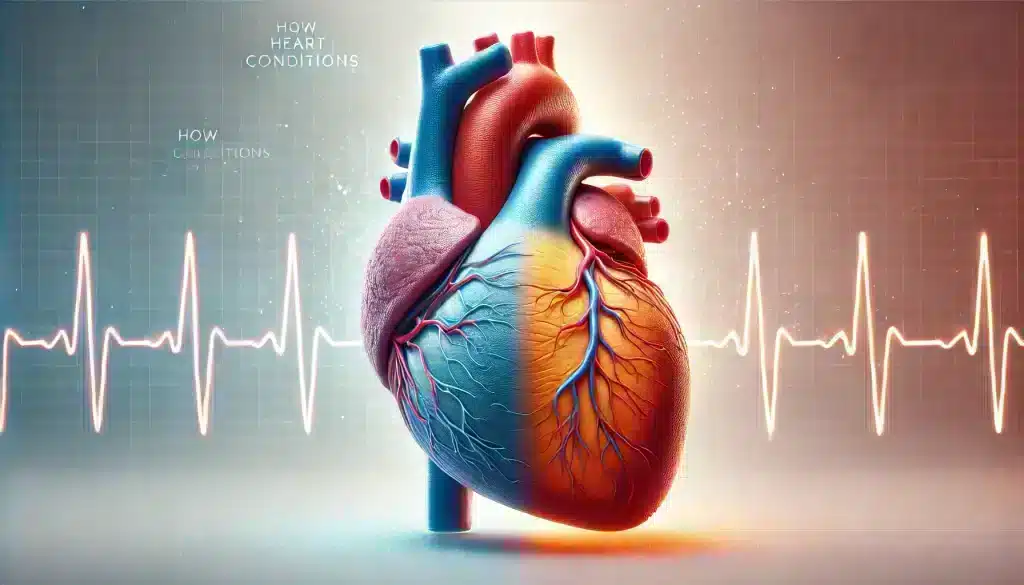 a human heart, split between healthy and diseased, showing how heart conditions like clogged arteries and weakened heart muscle can affect energy levels.