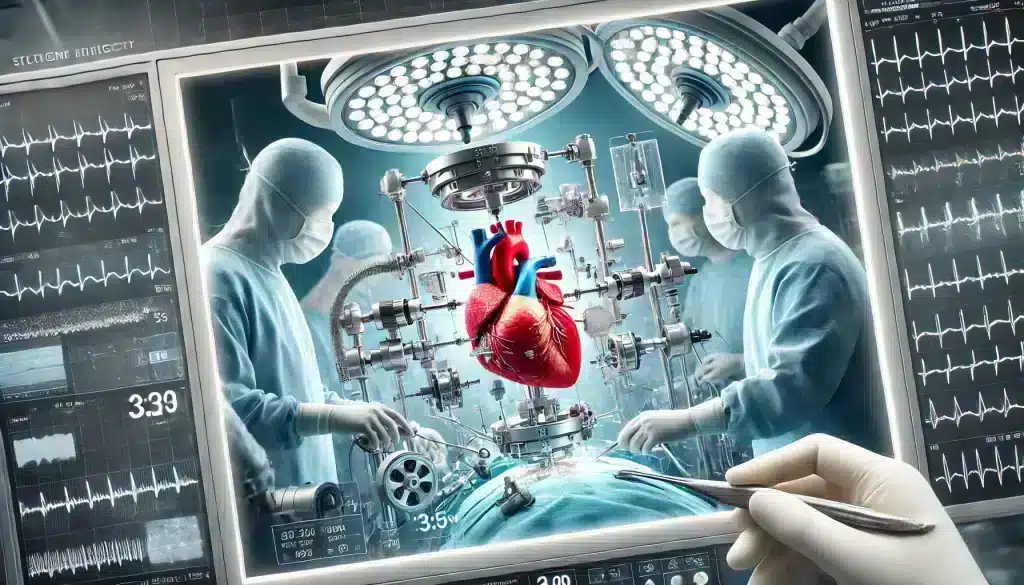 Advanced heart valve replacement procedures in a modern surgical setting, showcasing the latest heart valve replacement techniques with high-tech medical equipment and a surgical team in action.