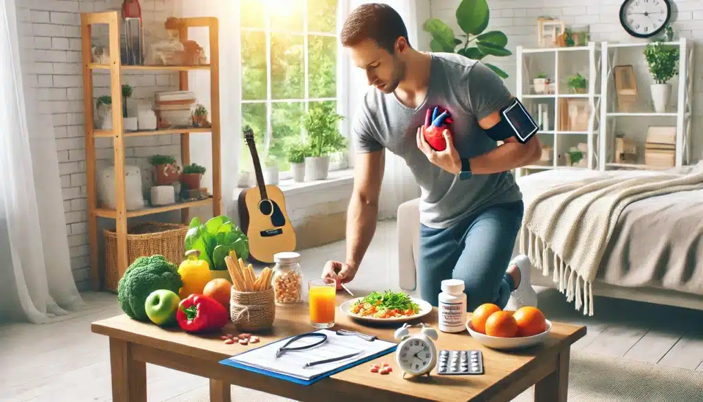 A realistic depiction of managing fatigue related to heart problems, showing a patient engaging in heart-healthy activities like light exercise, balanced meals, or medication, reflecting proactive health management.