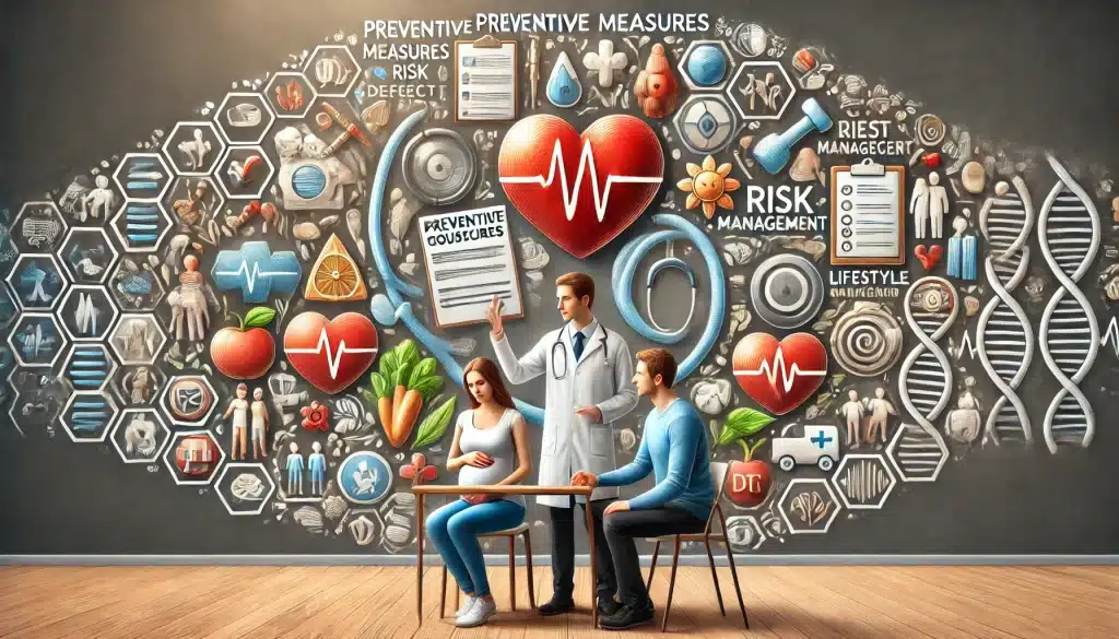 Preventive Measures and Risk Management for Genetic Heart Defects, showing genetic counseling, prenatal care for pregnant women, and healthy lifestyle symbols like nutritious food, emphasizing the role of prevention in managing heart defect risks.