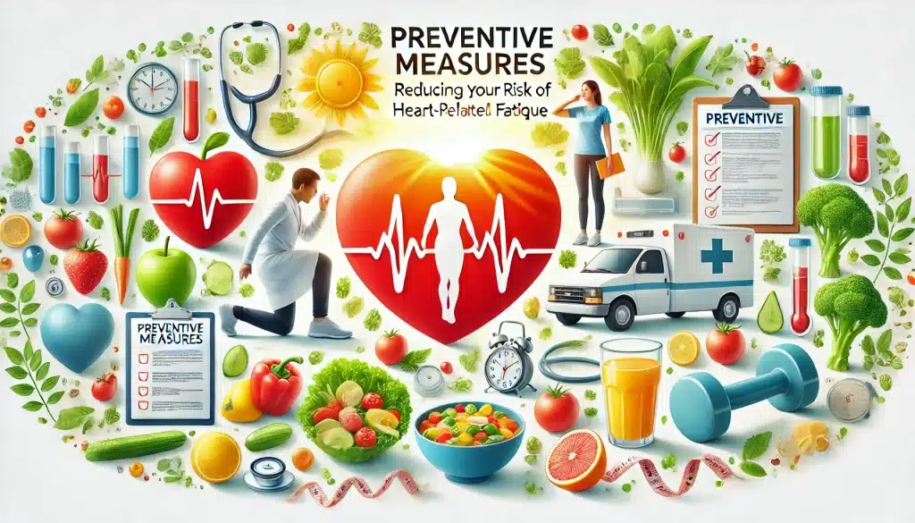 A realistic depiction of preventive measures for reducing heart-related fatigue, featuring activities like light exercise, heart-healthy eating, and medical check-ups, highlighting proactive heart health management.