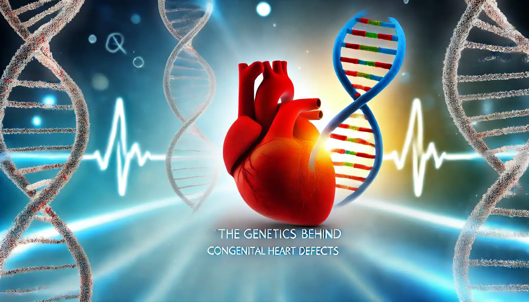 Genetics Behind Congenital Heart Defects, showing a 3D human heart intertwined with DNA strands, symbolizing the connection between genetics and heart conditions. Related tags: congenital heart disease genetics, inherited heart conditions, genetic heart abnormalities.