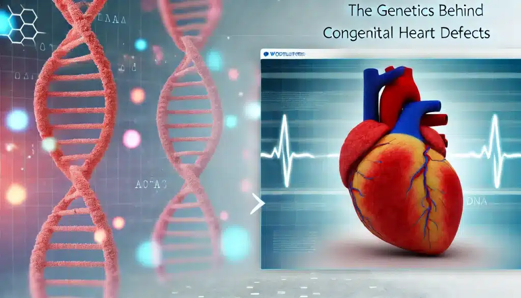 Genetics Behind Congenital Heart Defects, showing a 3D human heart intertwined with DNA strands, symbolizing the connection between genetics and heart conditions. Related tags: congenital heart disease genetics, inherited heart conditions, genetic heart abnormalities.