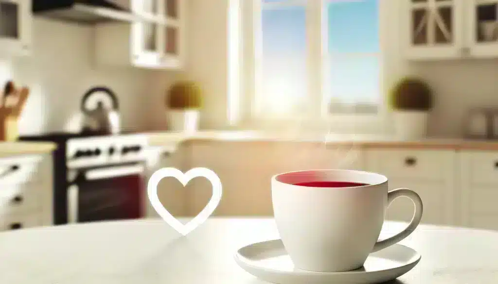 A cup of coffee in a bright kitchen, emphasizing the impact of caffeine and heart arrhythmias, representing caffeine effects on heart health.