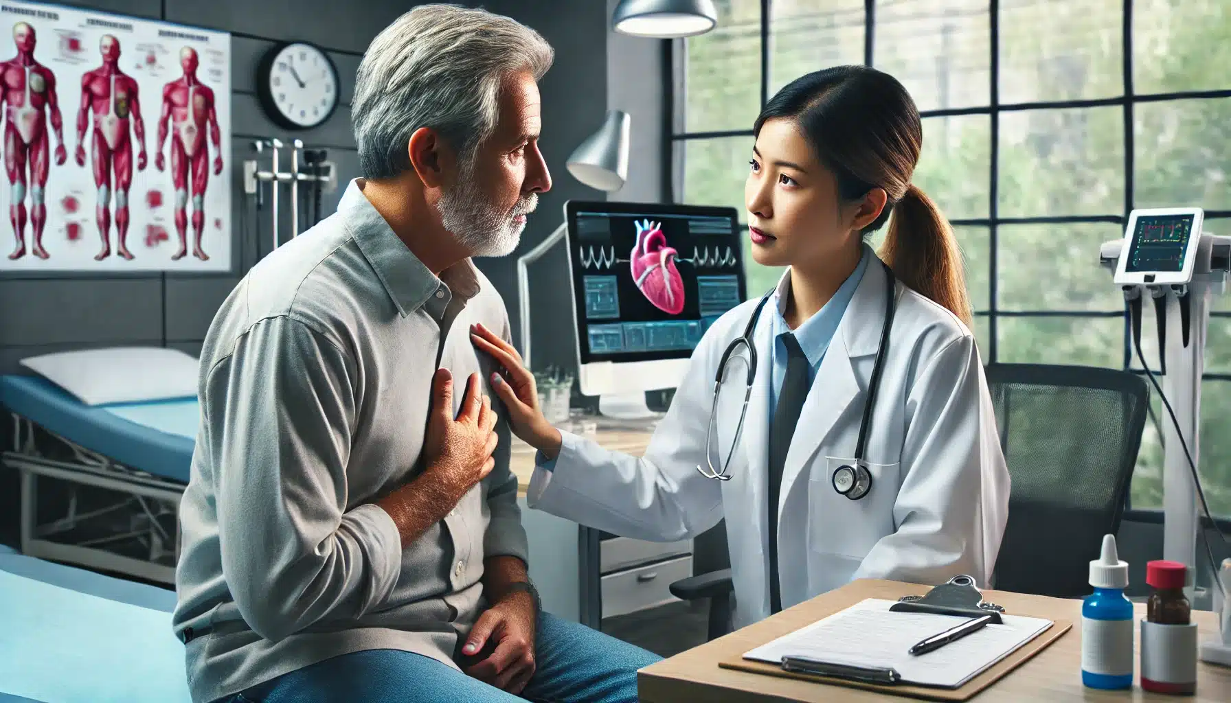 Prevent Recurring Chest Pain consultation with a doctor and patient discussing heart health, chest pain causes, and prevention strategies. Tags include heart health, cardiovascular pain, and chest pain management.