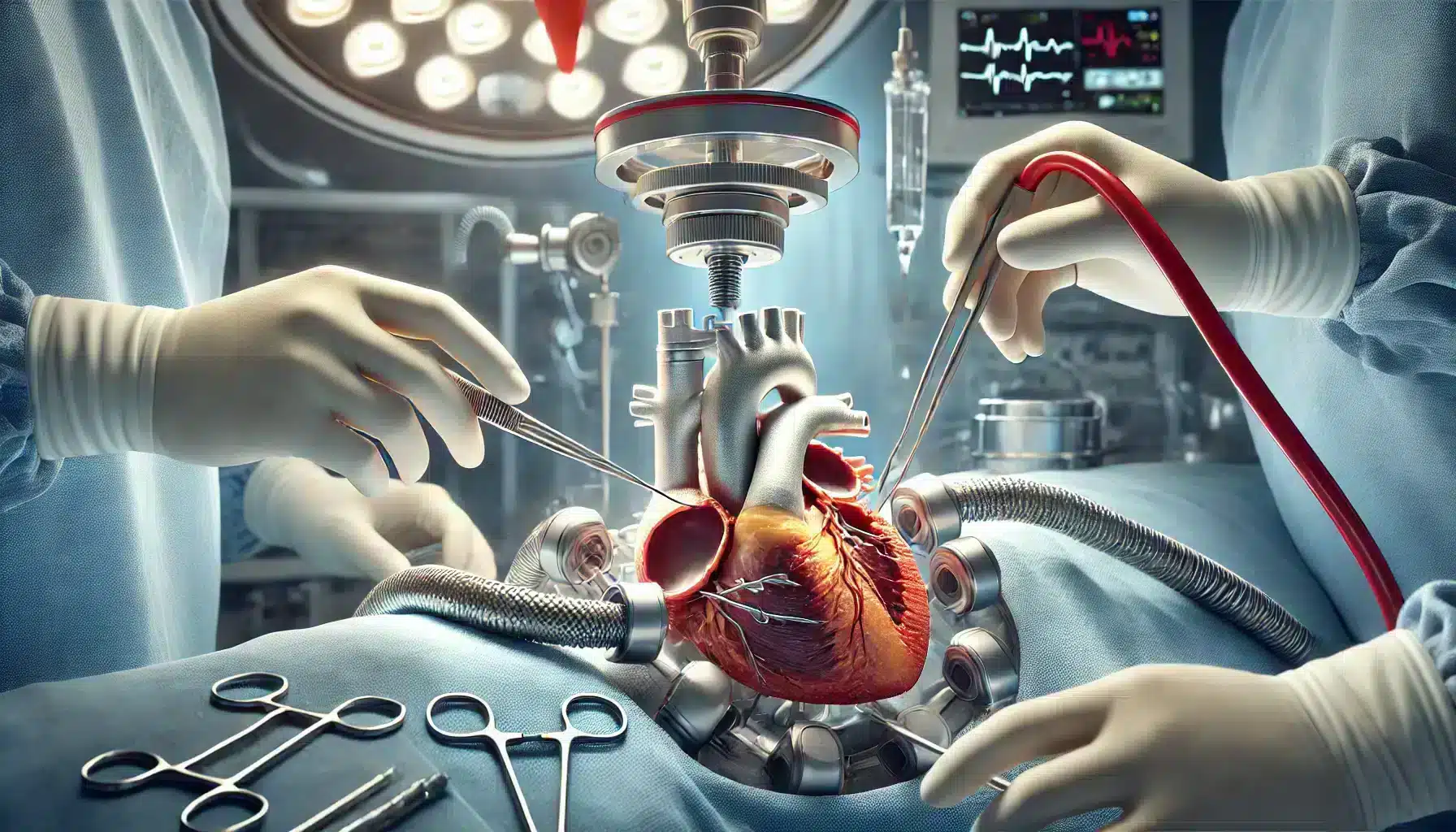 A highly realistic depiction of advanced heart valve replacement techniques, focusing on the mechanical or bioprosthetic heart valve in a surgical setting, showcasing the latest heart valve replacement techniques.