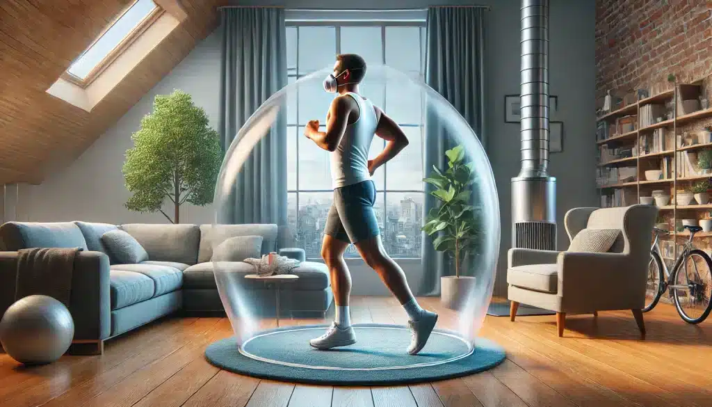 Preventive Measures for Shortness of Breath at Home, showing a person exercising in a clean living space while avoiding triggers like allergens and pollutants to symbolize prevention strategies.