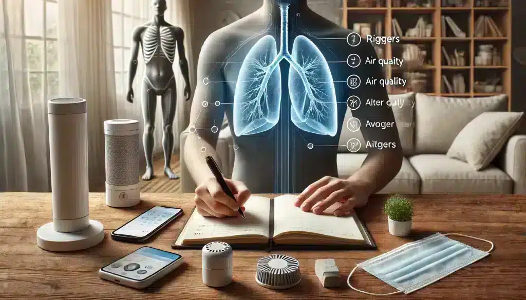 Identifying Triggers for Shortness of Breath, showing a person tracking symptoms and triggers in a journal or smartphone app, with air quality monitors or allergen filters in the background to illustrate the process of recognizing and avoiding triggers.