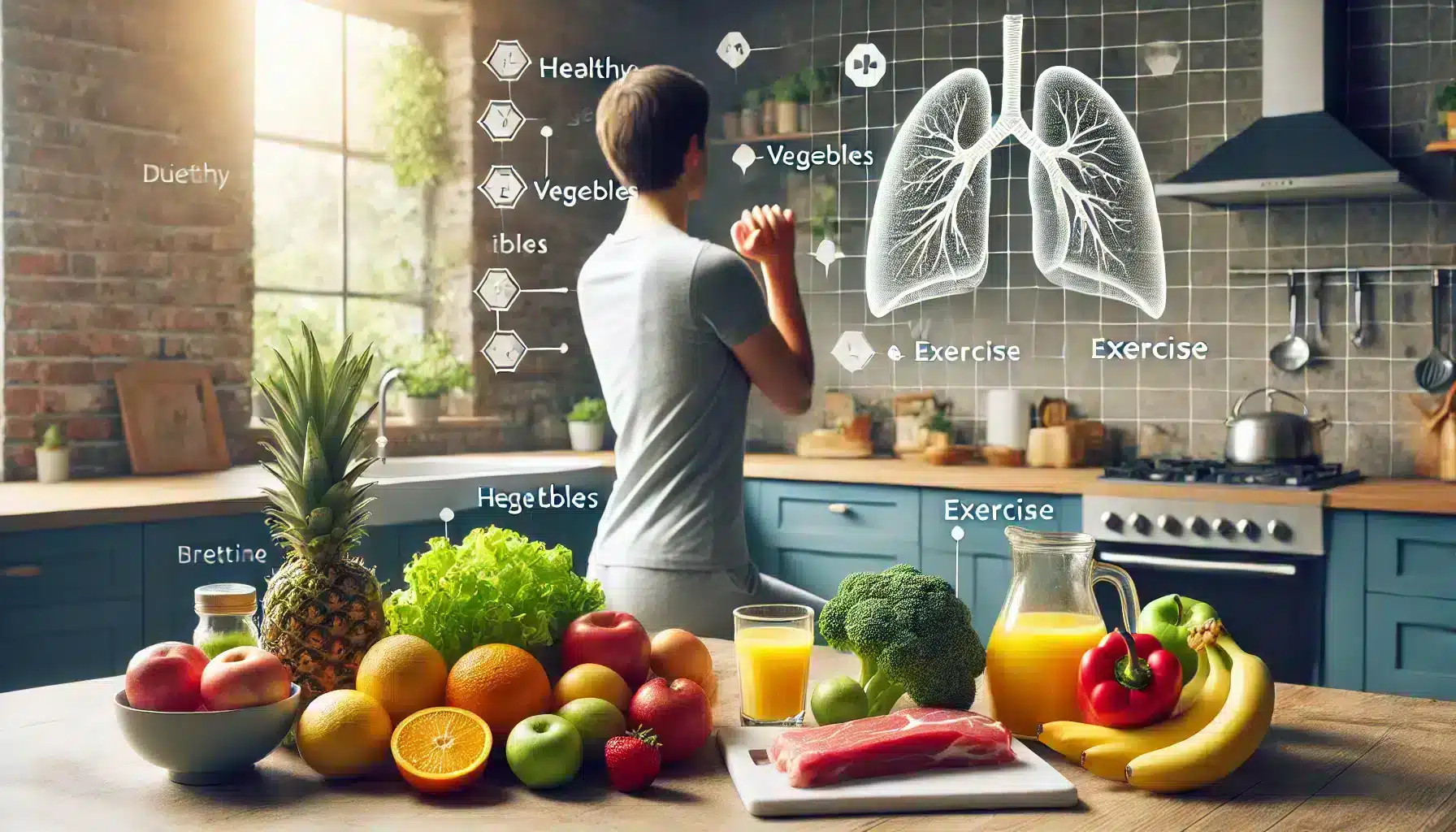 Lifestyle Changes to Improve Breathing, featuring healthy foods like fruits, vegetables, lean proteins, and light physical activities such as stretching, illustrating the connection between diet, exercise, and better breathing.