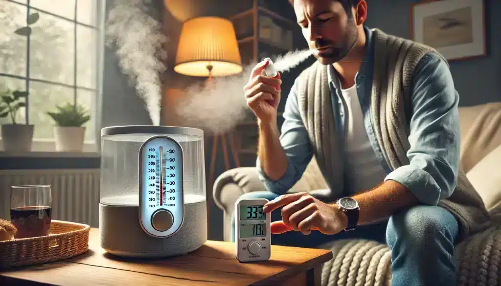 Managing Humidity Levels to Improve Breathing, showing a person using a humidifier or dehumidifier and checking a hygrometer in a cozy room, illustrating how controlling air moisture can help with shortness of breath.