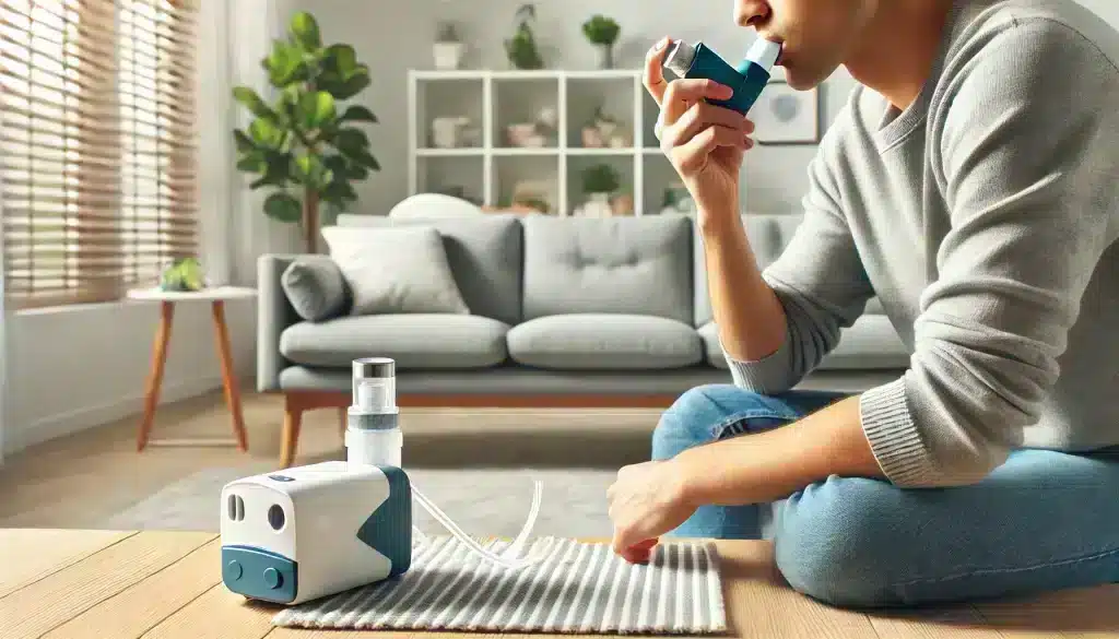 Home Use of Medications and Devices for Managing Shortness of Breath, showing a person using an inhaler or nebulizer in a clean and comfortable living space.