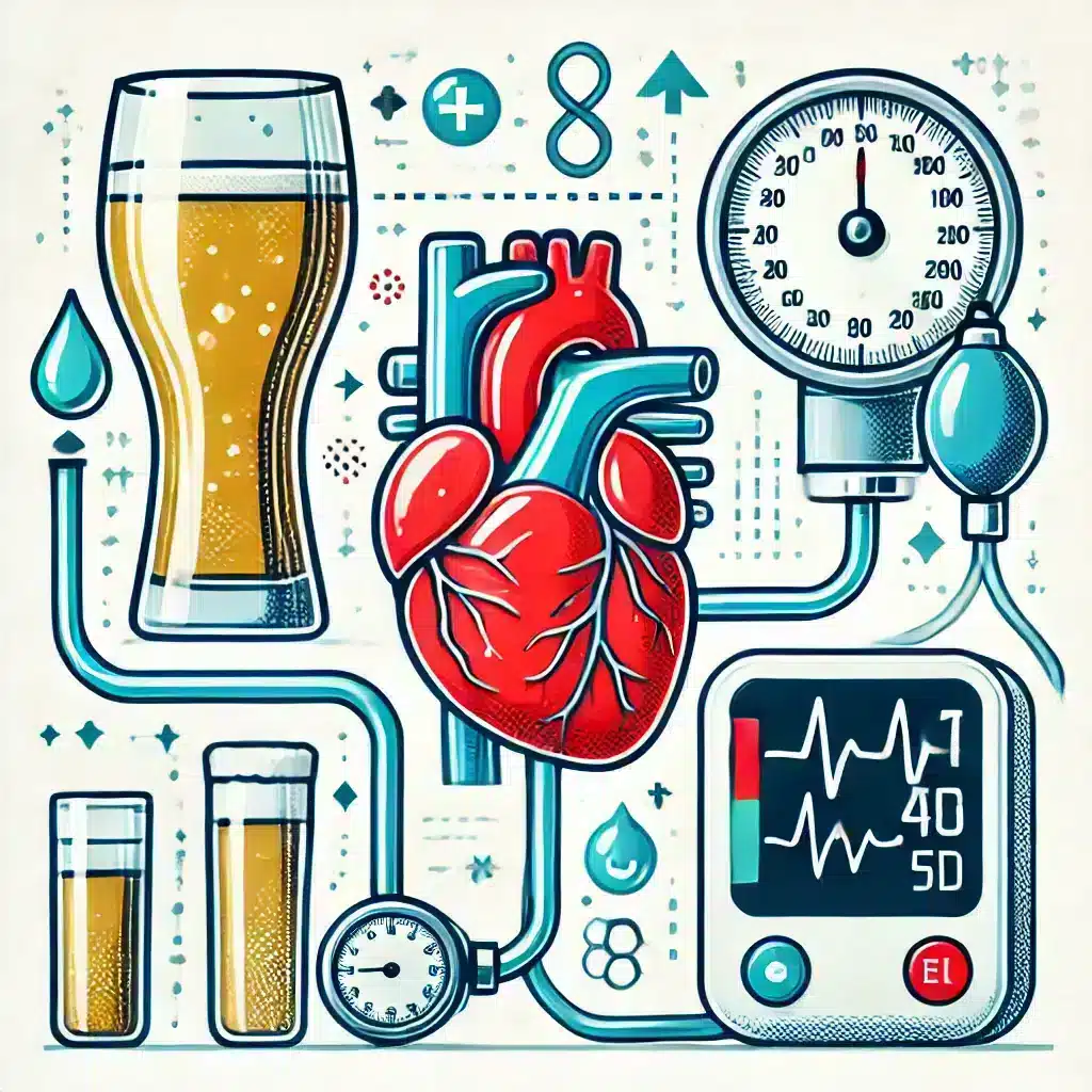 An illustration depicting the impact of alcohol on blood pressure, showing a sequence from alcohol consumption to increased blood pressure. Includes elements like a person drinking alcohol, a rising blood pressure gauge, and visual representations of arteries or veins, demonstrating the progression from drinking to hypertension in an educational style.