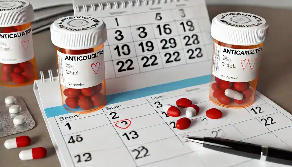 Anticoagulant medications with a marked schedule, emphasizing the critical role of medication therapy in mechanical heart valve care.