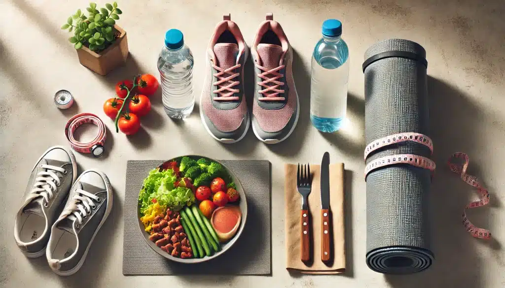 A balanced plan for heart failure management combining diet and exercise, with a healthy meal and fitness gear on display.