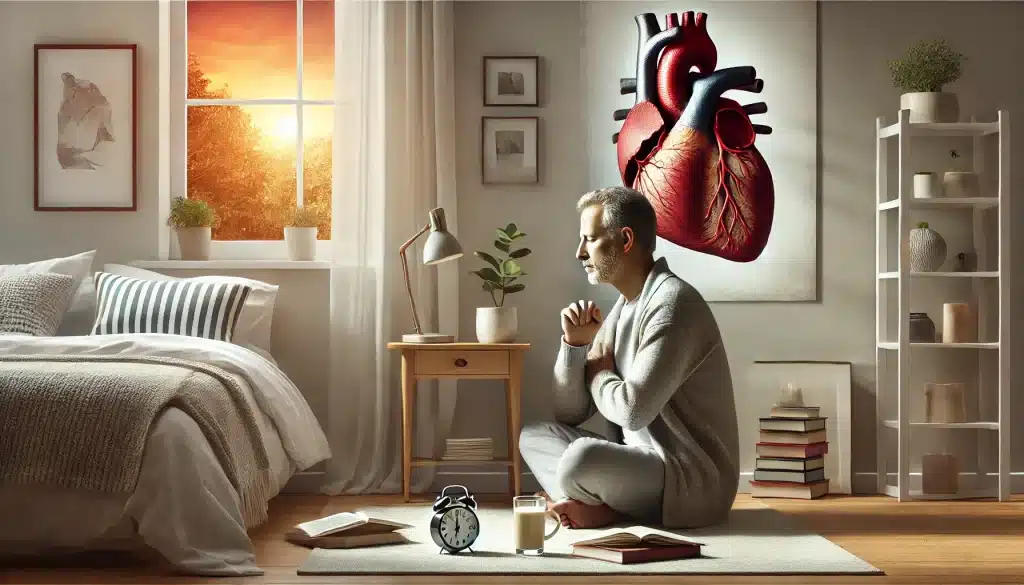 Integrating Breathing Exercises into Daily Routine: A heart patient practicing diaphragmatic breathing in a cozy home setting, demonstrating how to incorporate breathing exercises into daily life for improved heart health. Breathing exercises, daily routine, heart health, relaxation.