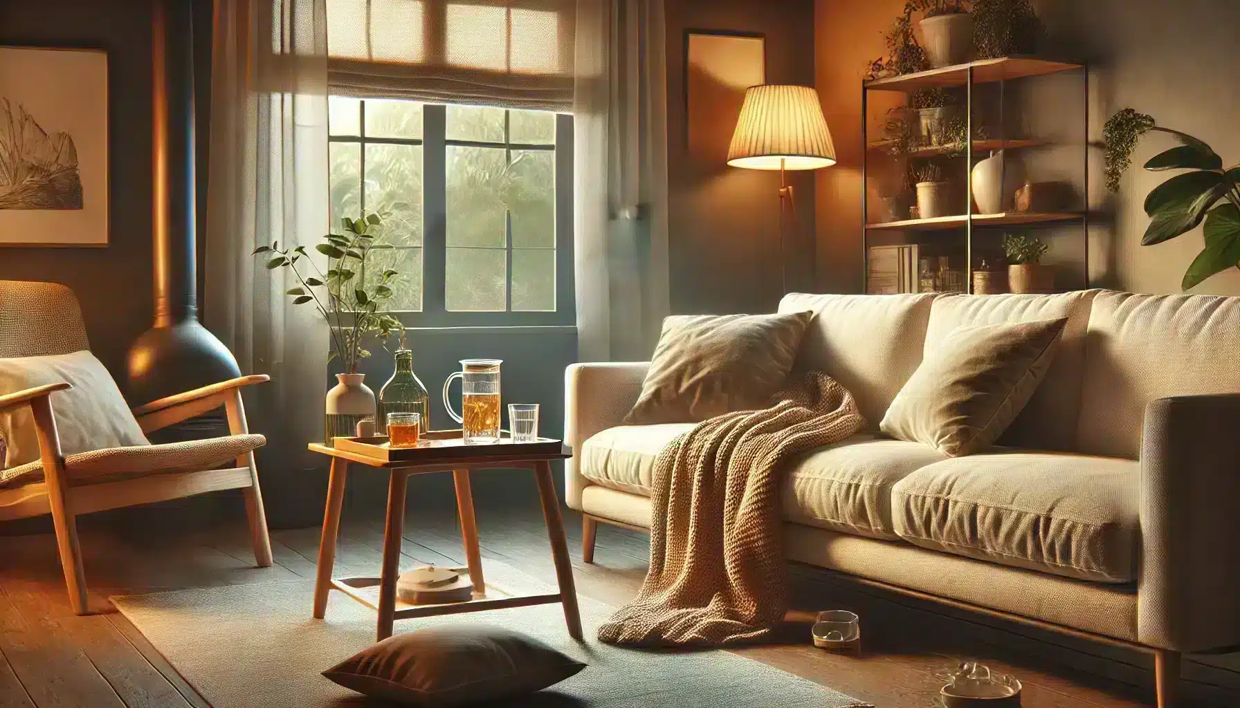 Manage Dizziness at Home in a calm and cozy environment with home remedies for dizziness, focusing on hydration, natural solutions, and lifestyle changes. This image represents dizziness management with elements like a comfortable sofa, herbal tea, and a relaxing setting. Tags include dizziness management, home remedies for dizziness, causes of dizziness, and tips for dizziness relief.