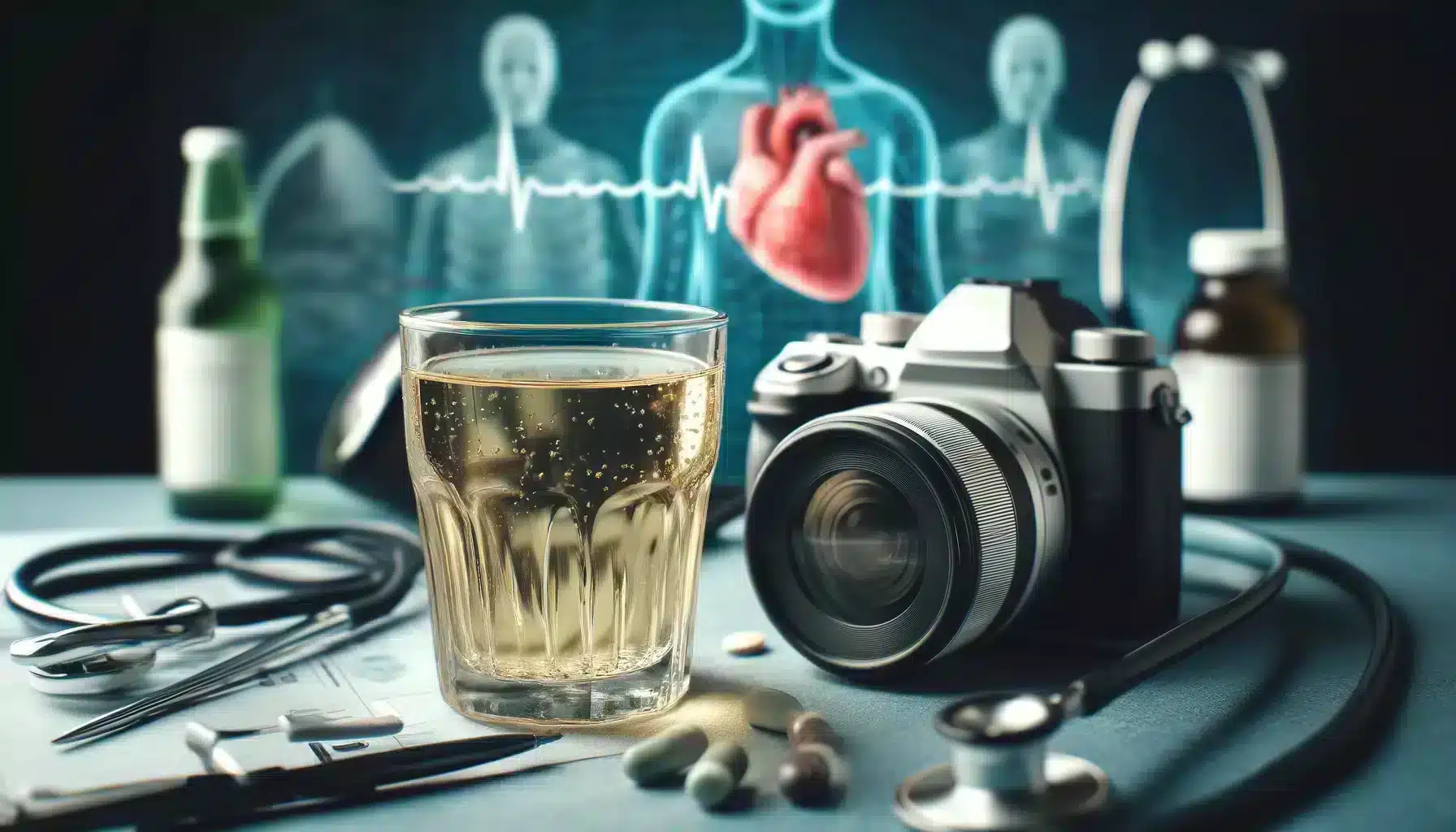 Alcohol and heart failure: The effects of alcohol on heart health, featuring a glass of alcohol and medical instruments in focus.