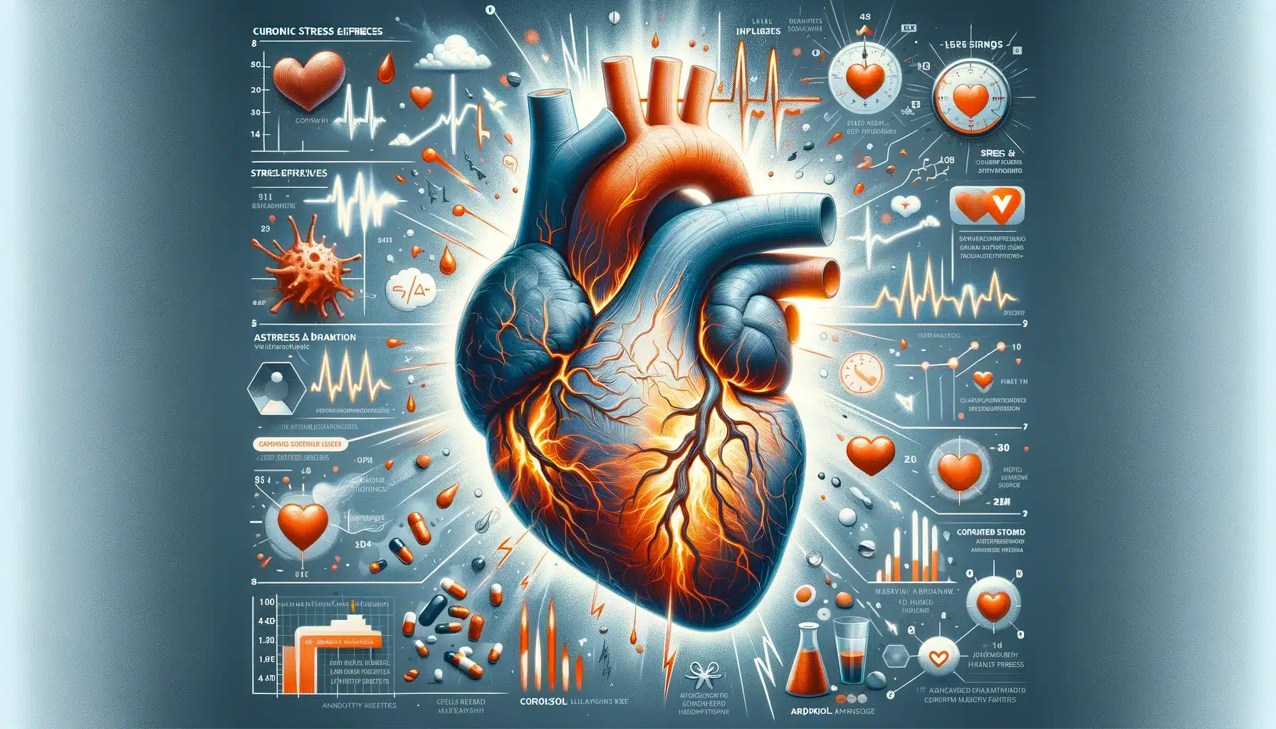 Illustration showing the impact of chronic stress on heart health, highlighting stress-induced inflammation, increased heart rate, and the effects of stress hormones like cortisol and adrenaline on the cardiovascular system. The image visually represents the connection between chronic stress, anxiety, and heart disease.