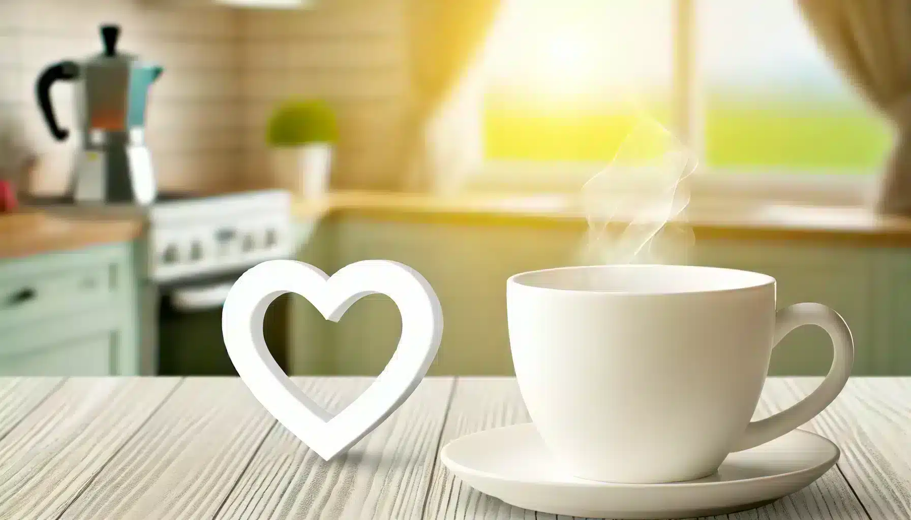 A cup of coffee with a heart symbol in a bright kitchen, representing the relationship between caffeine and heart arrhythmias, focusing on caffeine's effects on heart health.