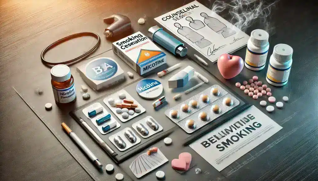 An illustration showing the combination of medications like nicotine patches, pills, and an inhaler with behavioral therapy elements, such as a notepad, counseling diagram, and motivational symbols, emphasizing a comprehensive approach to smoking cessation.