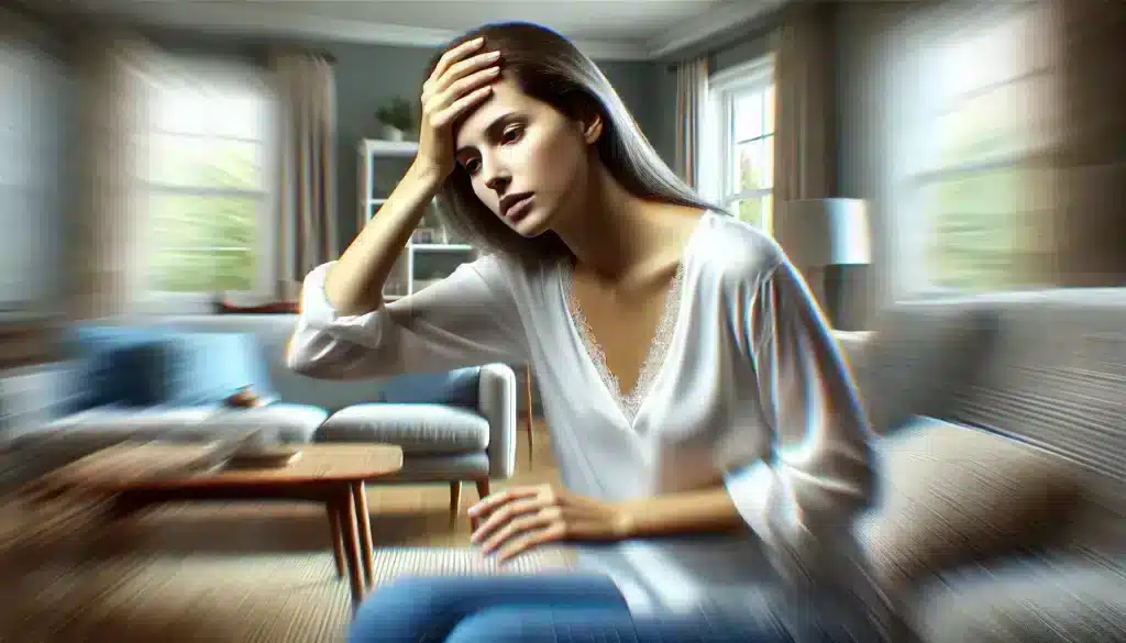 A woman experiencing serious dizziness symptoms while sitting in her living room, emphasizing the sudden nature of dizziness and the importance of recognizing serious dizziness symptoms early