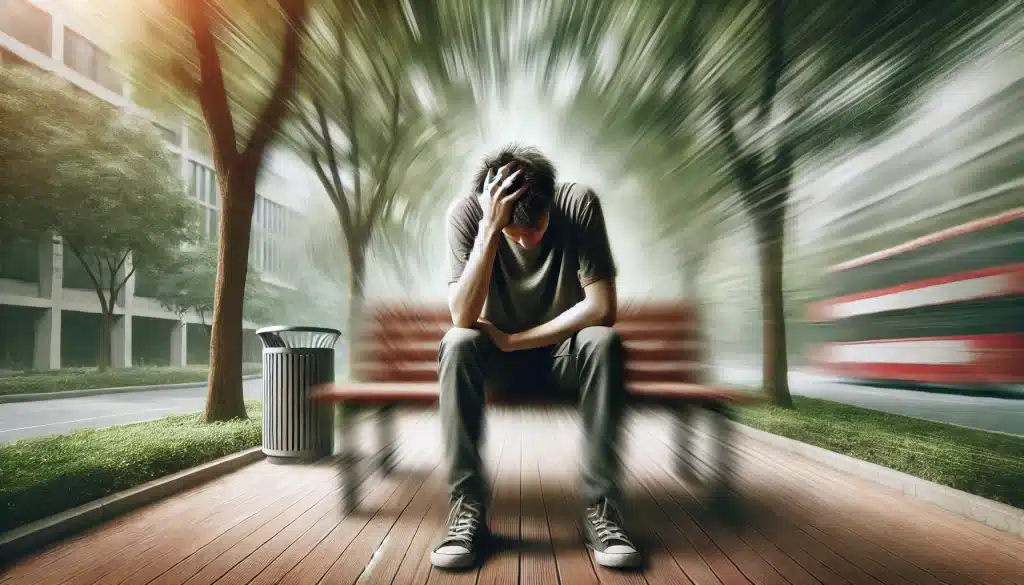 The Connection Between Anxiety, Stress, and Dizziness - A person experiencing dizziness in a calm natural setting, symbolizing the effects of anxiety and stress on balance and well-being. Keywords: Anxiety, Stress, Dizziness, Balance Disorders.