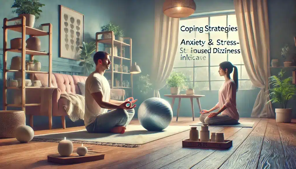 Coping Strategies and Treatments for Anxiety and Stress-Induced Dizziness - A person practicing relaxation techniques like yoga or deep breathing in a serene indoor setting to manage stress and alleviate dizziness. Keywords: Coping Strategies, Anxiety, Stress-Induced Dizziness, Relaxation Techniques, Stress Management.