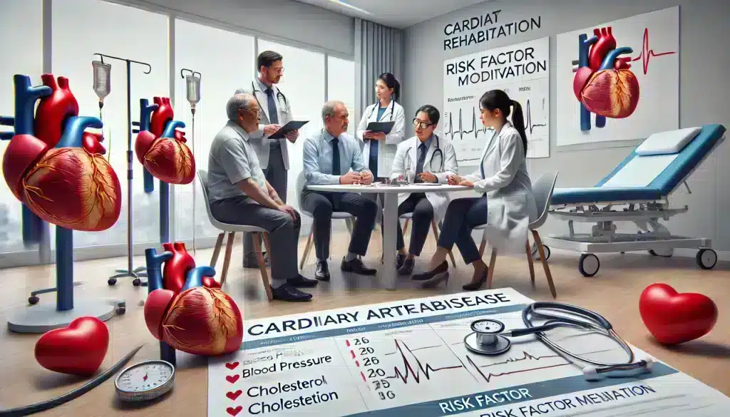 Healthcare professionals discussing risk factor modification with coronary artery disease patients during cardiac rehabilitation, focusing on blood pressure and cholesterol management.