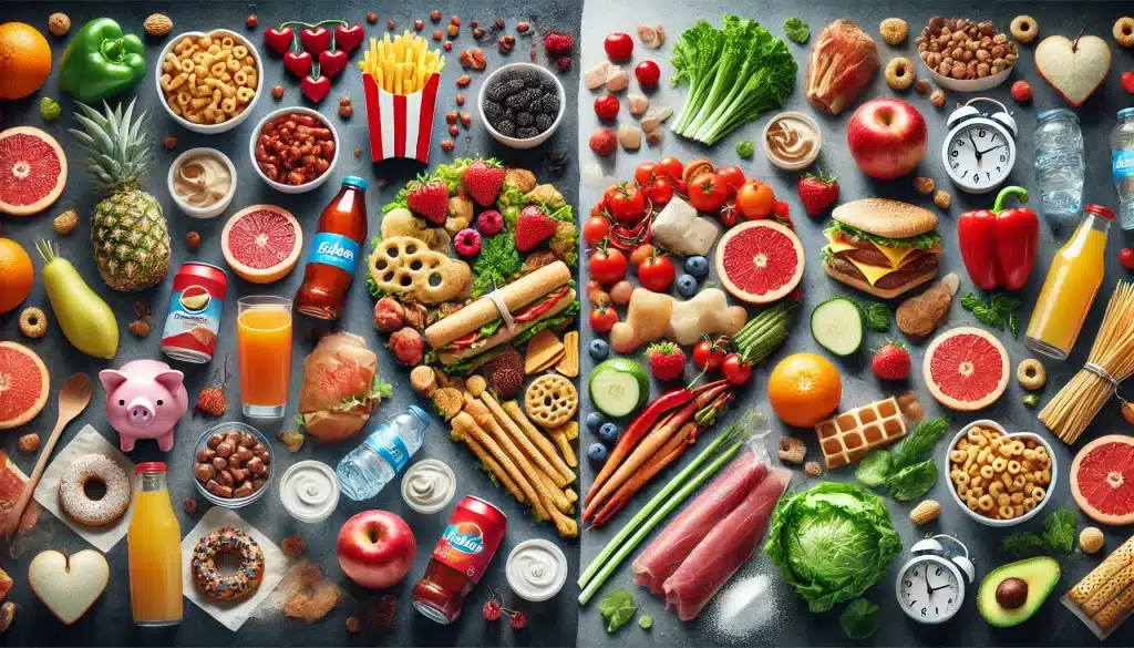 Common mistakes to avoid in a heart-healthy diet for weight loss, featuring unhealthy snacks, sugary beverages, processed foods, and oversized portions contrasted with healthier alternatives like fresh fruits, vegetables, and proper portion sizes for heart-healthy weight loss.