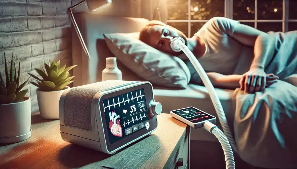 How Sleep Apnea Affects Heart Failure - A home setting showing an individual sleeping with a CPAP machine and a heart rate monitor on a bedside tablet, highlighting the importance of sleep apnea management for heart health.