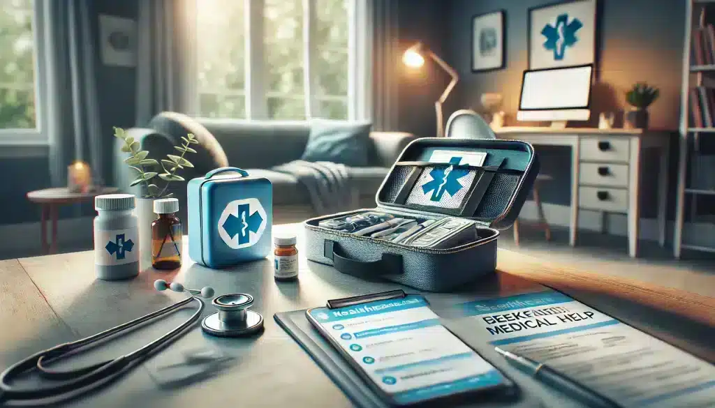 When to seek medical attention at home, featuring a calm and organized setting with a visible medical kit, a healthcare app on a phone, and essential items like stethoscope and medication. The image emphasizes preparedness and the importance of recognizing when to seek professional medical help in a safe environment.