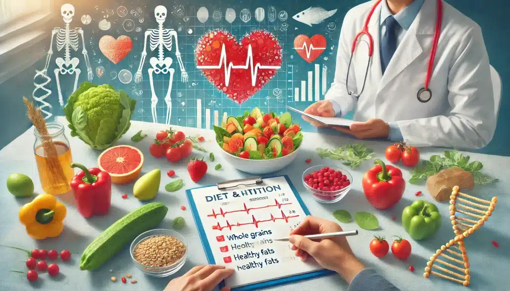 Balanced heart-healthy meal featuring fruits, vegetables, and whole grains, with a nutritionist advising a patient on diet for heart health.