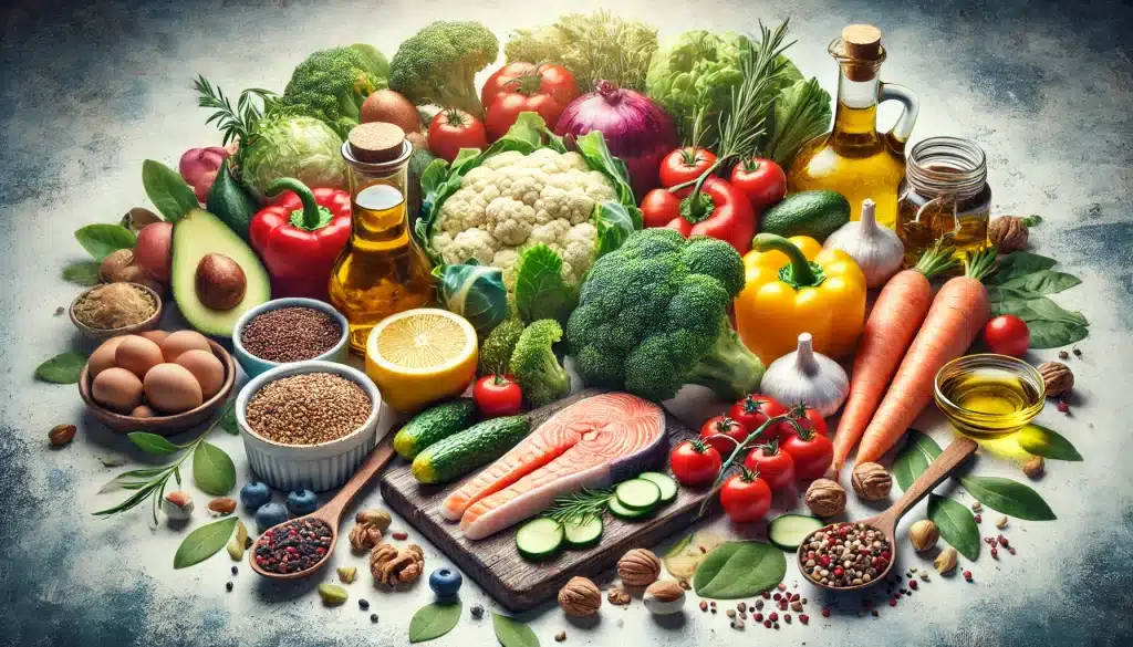 A variety of heart-healthy foods representing the DASH, Mediterranean, and Plant-Based diets for heart-healthy weight loss, including colorful vegetables, olive oil, nuts, fish, and whole grains.