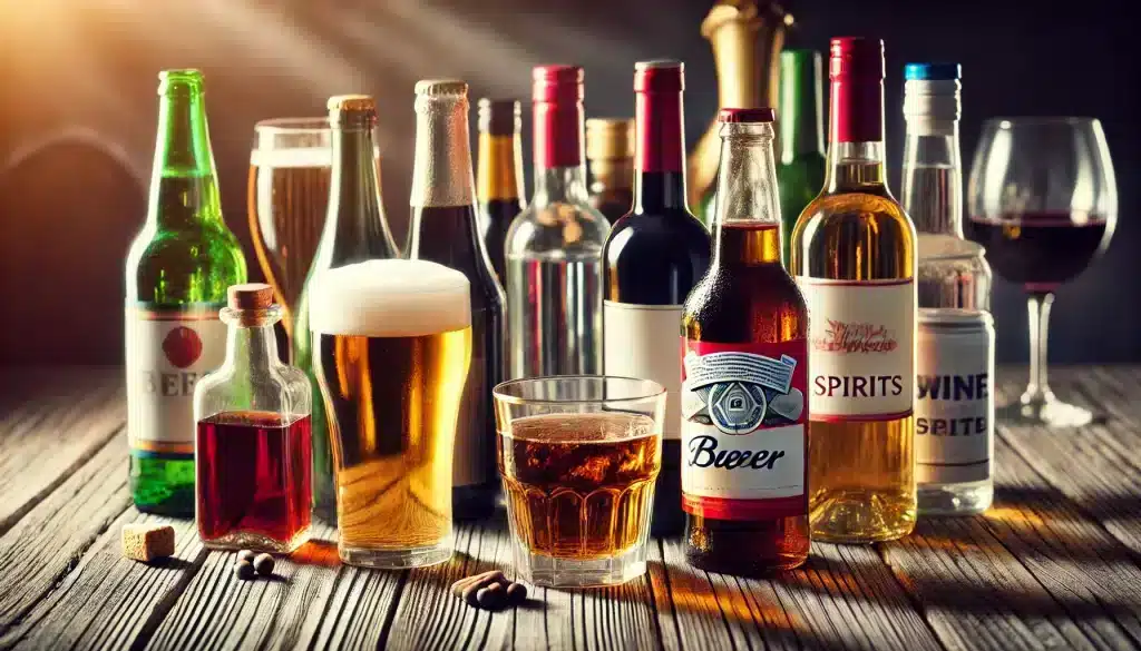 Alcohol consumption: A variety of alcoholic beverages including beer, wine, and spirits on a wooden table.