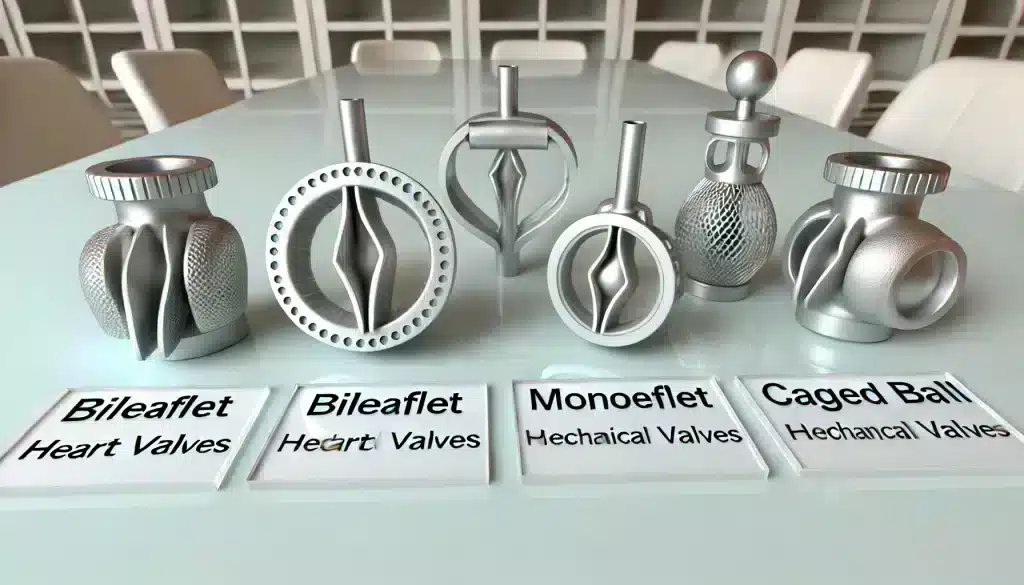 Types of mechanical heart valves displayed on a hospital table, highlighting the differences between bileaflet, monoleaflet, and caged-ball valves.