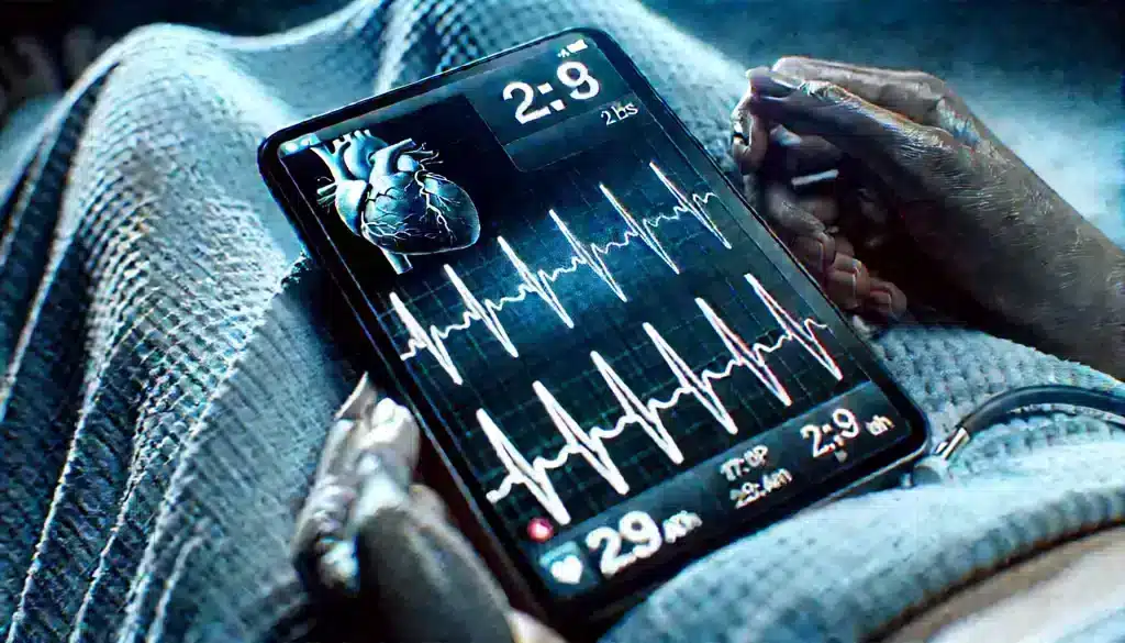 EKG monitor displaying irregular heartbeats, showing how heart arrhythmias, including atrial fibrillation and bradycardia, can be triggered by conditions like sleep apnea.