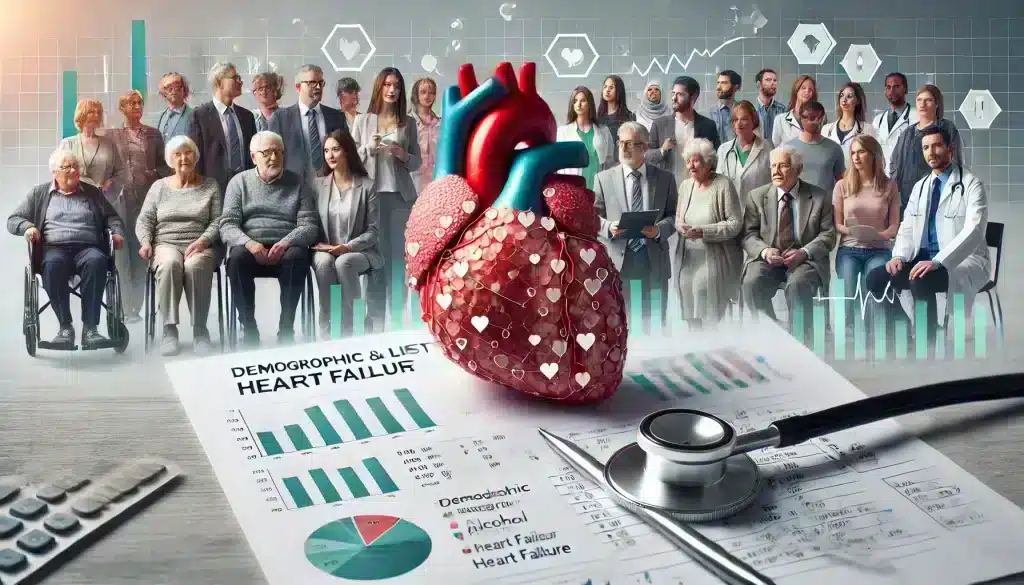 Risk factors for alcohol-related heart failure: Diverse groups of people, with heart-related data symbolizing demographic and lifestyle risks.